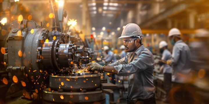 Indian male factory worker in safety glasses and a white hard hat is operating an industrial machine