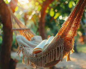 Cozy hammock with an open book in a serene garden setting, capturing a peaceful and relaxing outdoor reading experience.