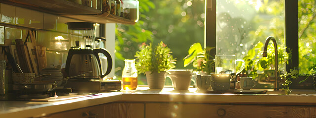 beautiful sunny kitchen with large windows - Powered by Adobe