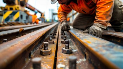 With a dedicated focus a construction worker tightens loose bolts and fasteners on a set of large steel beams before they are lifted into place.