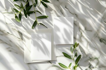 wedding stationery mock-up scene. Blank cotton paper greeting cards, invitations with olive leaves. Elegant marble background in sunlight, shadows overlay. Flat lay, top view