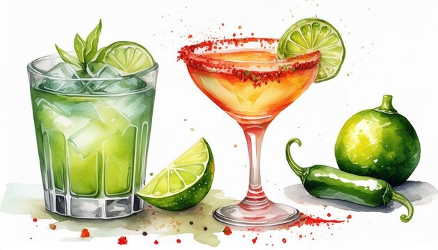 Summer cocktail set, spicy lime margarita in a short and tall glass and pepper jalapeno. Watercolor hand-drawn illustration isolated on white background. Perfect for recipe alcoholic lists with drinks
