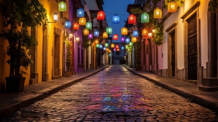 Bright mexican lanterns cast a warm glow on a festive cobblestone street celebration