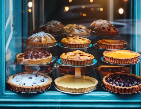A variety of different pies in a display window for sale; delicious, gourmet pastries
