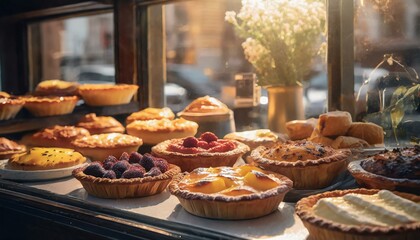 A variety of different pies in a display window for sale; delicious, gourmet pastries