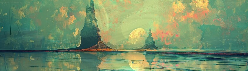 A surrealistic landscape with towering rock formations and a mysterious atmosphere, reflecting in calm waters under an ethereal sky.