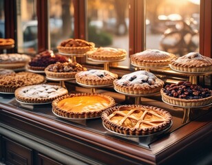 A variety of different pies in a display window for sale; delicious, gourmet pastries