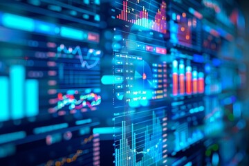 A futuristic digital financial data display screen illustrating stock market figures, graphs, and analytics in vibrant colors.