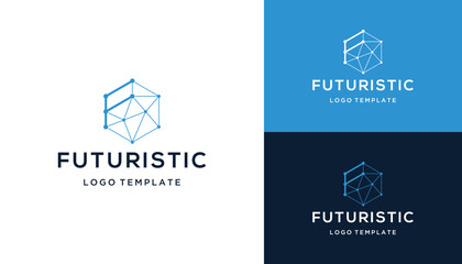 Modern Initial Letter F with Futuristic Network Hexagon Digital Wire Line dots Logo Design