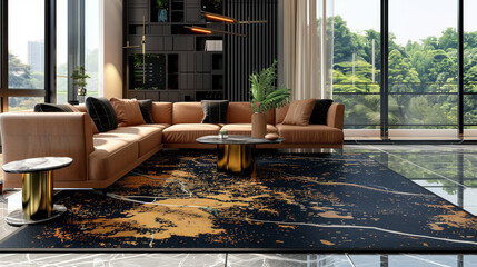 a contemporary black and white area rug adorned with metallic gold patterns or motifs