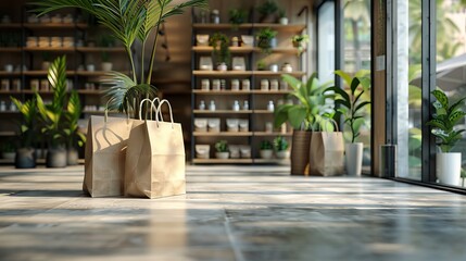 Eco-friendly paper shopping bags placed on the floor of a plant store, with shelves of potted plants and natural light streaming in. Stylish eco-packaging in a modern shopping environment