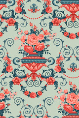 Baroque seamless pattern with vase and bouquet of roses in duocolors