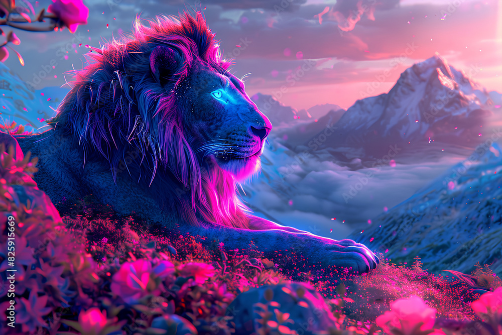 Wall mural a scary lion neon vector 3d rendering - Wall murals