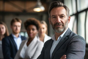 businessman is a leader who inspires his team in office
