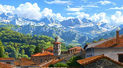 Fototapeta premium Idyllic mountain village in summer with lush greenery and snowy peaks. Perfect for travel and nature themes. European charm and tranquility captured. AI