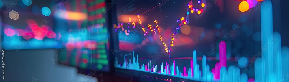 Poster closeup of financial data on multiple screens showing stock market analysis and trading trends in a 