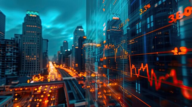 Cityscape at night with stock market data overlay, representing financial growth and urban development