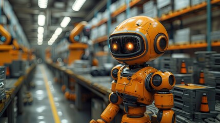 Fototapeta premium Innovative industrial robots work in warehouses. Concept of artificial intelligence for industrial revolution and automation of production processes
