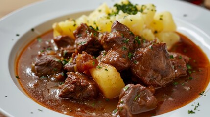Traditional beef goulash with sauce and potatoes, Austrian cuisine