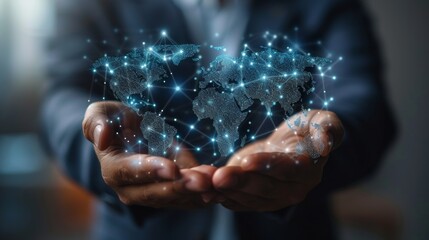 Digital technology, businessman holding Global network connection. Big data analytics and business intelligence. World map point and line composition of global business. innovation