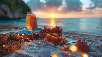 Picnic on the beach at sunset food and drink concept