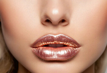 Obraz premium Close-up of glossy, shimmering lips with a soft light highlighting their smooth texture