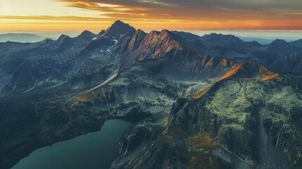 Spectacular aerial view of mountain range at sunset with dramatic sky and serene lake in the valley.
