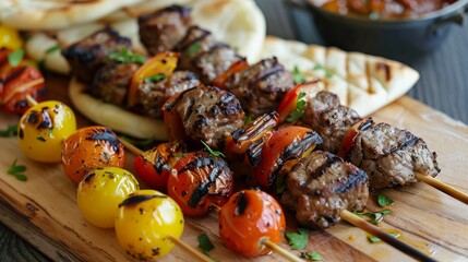 Grilled kebabs with vegetables and pita bread --ar 16:9 Job ID: 1de852b3-815b-4773-8c68-9fe62ed97e15