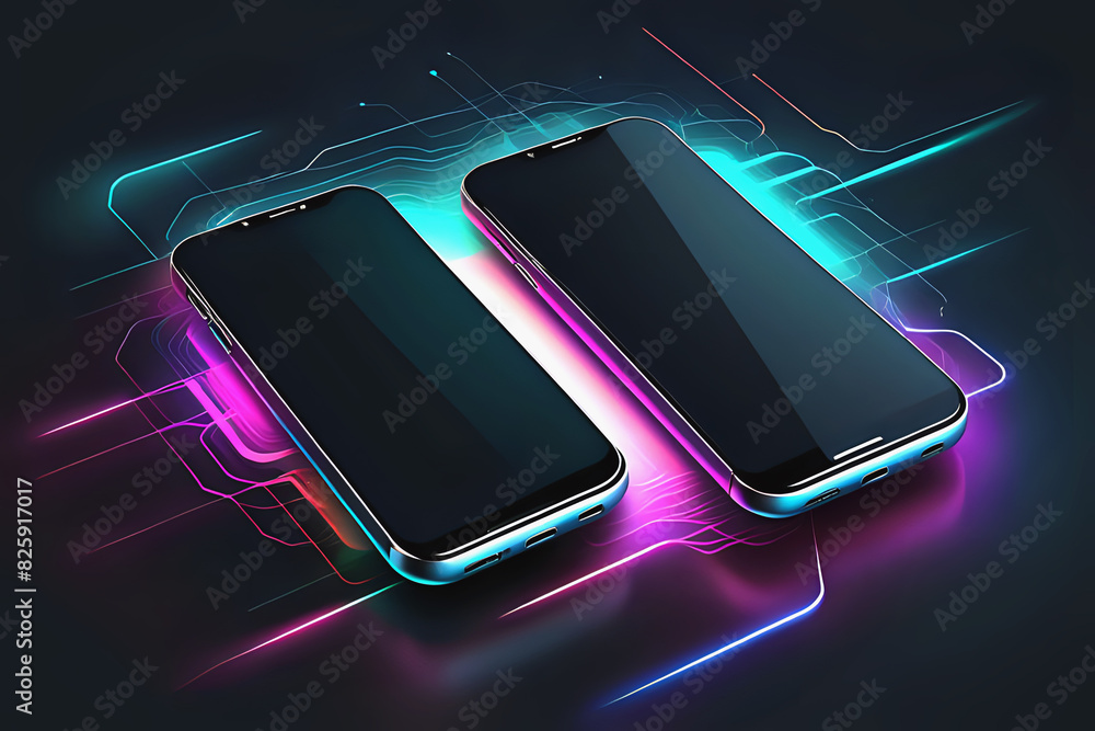 Aufkleber abstract mobile technology. wireless data network and connection technology neon lights concept. hig