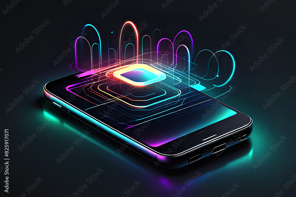 Aufkleber abstract mobile technology. wireless data network and connection technology neon lights concept. hig