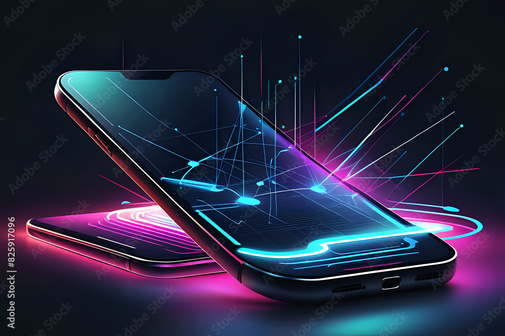 Aufkleber abstract mobile technology. wireless data network and connection technology neon lights concept. hig