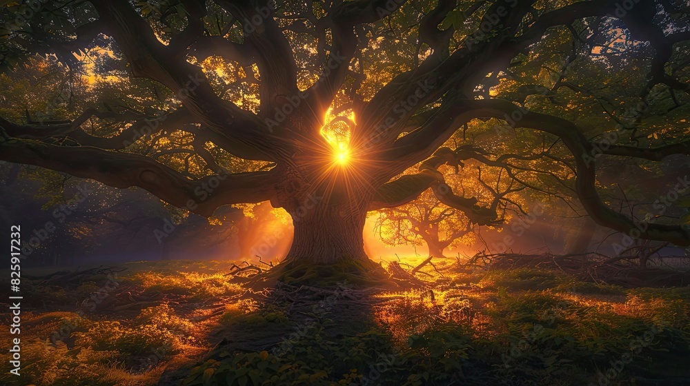 Poster majestic golden sun rays filtering through the branches of an ancient tree, creating a magical fores