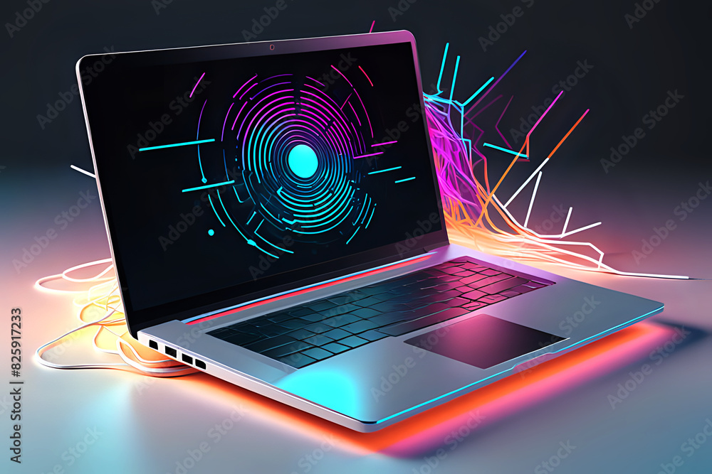 Poster abstract laptop technology. wireless data network and connection technology concept. high-speed, fut