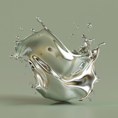 A 3D icon depicting a silver paint splash, sleek and modern, shimmering gracefully on a pastel olive background, AI Generative