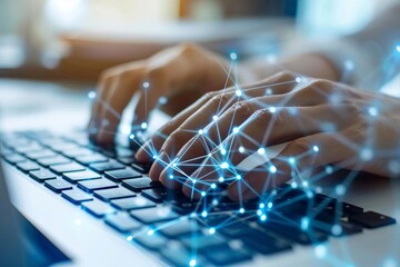 Hands typing on a laptop keyboard with a digital connection network overlay, representing technology, data, and internet communication.