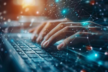 Close-up of hands typing on a laptop keyboard surrounded by a digital network, representing technology and communication in a modern world.