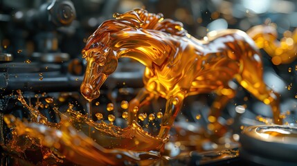 Horse yellow liquid Against the background of a powerful engine Oil is used in cars, machinery, and engines for all types of vehicles.