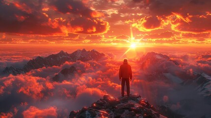 A man stands on a mountain top, looking out at the sunset
