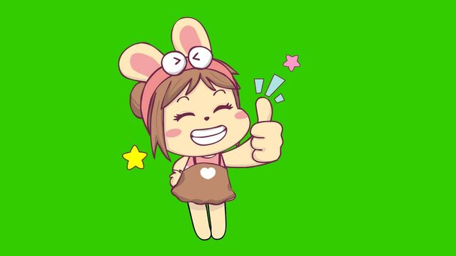 Cute Bunny Girl Giving Thumbs Up Animation on Green Screen