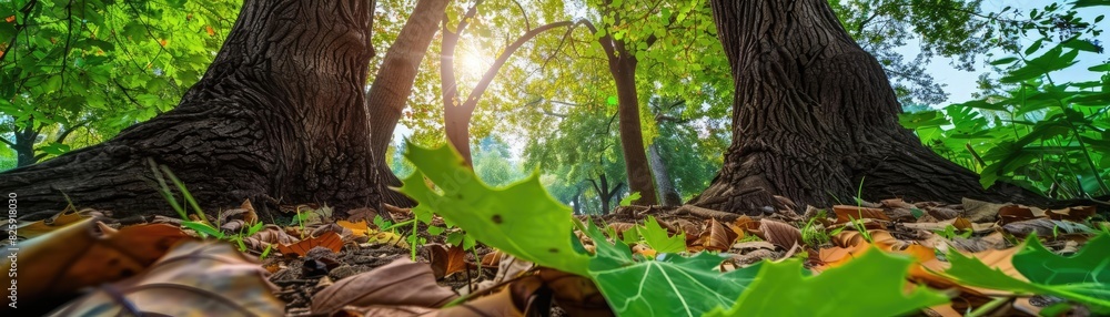 Poster sunlight filtering through the leaves of an enchanting forest with fallen leaves creating a pictures