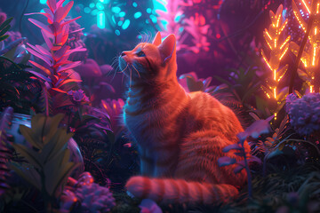 cute cat in the garden vector neon 3d rendering
