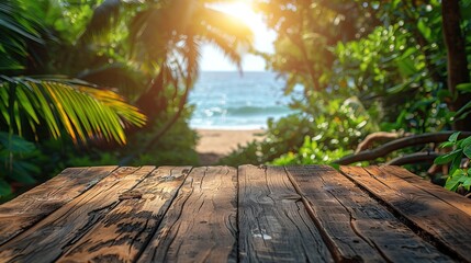 Summer tropical sea with waves, palm leaves and blue sky with clouds. Perfect vacation landscape with empty wooden table.