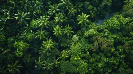 Aerial view of lush green rainforest with dense tree canopy, showcasing natural beauty and biodiversity from above.