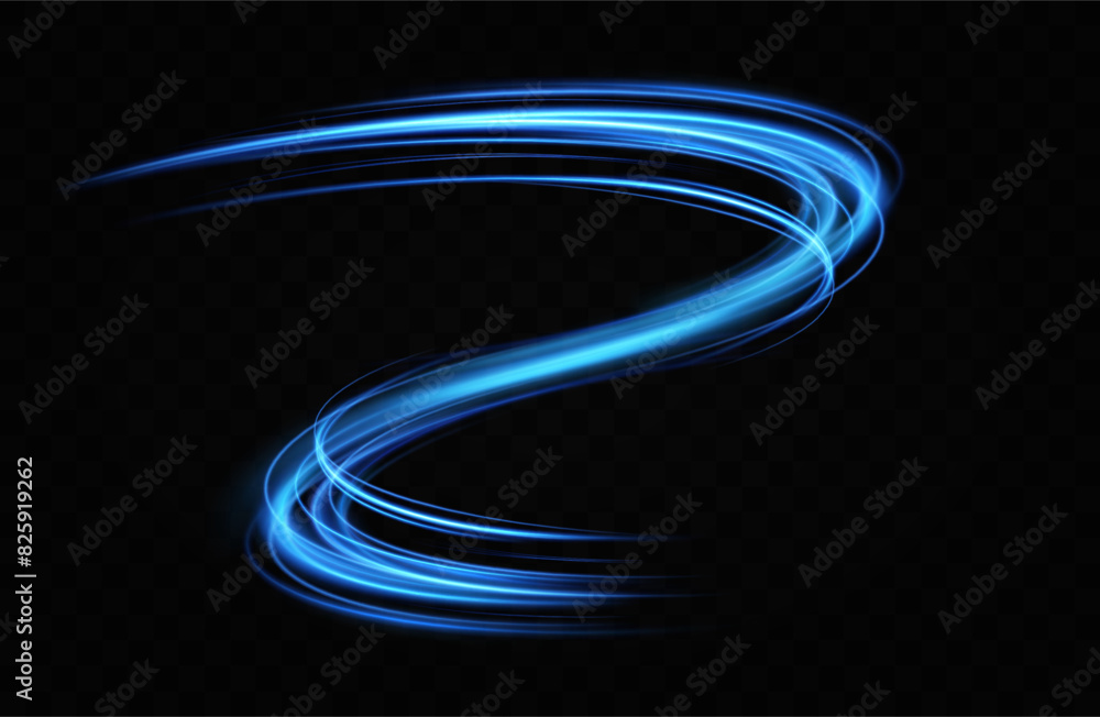 Aufkleber Abstract light lines of speed movement, blue colors.Neon glowing curves.Abstract motion.Neon lines of blue speed. Dynamic traces.