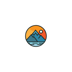 mountain logo landscape with rocks at sunrise, Sea and Sun for Hipster Adventure Traveling logo