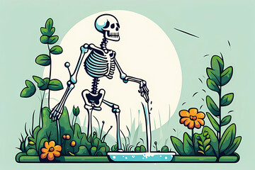 funny illustration of a skeleton watering flowers plant in the garden, nature background, eco energy concept