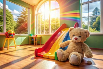 A child playroom with a giant teddy bear and many colorful toys scattered on the floor, at home