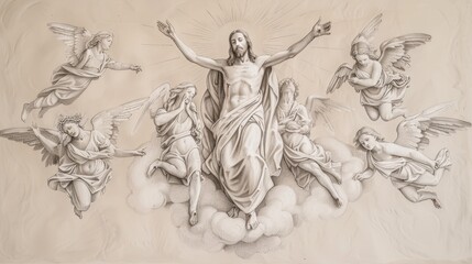 Fototapeta premium Jesus Ascending into Heaven, a Beautiful Biblical Illustration of Faith and Divine Glory