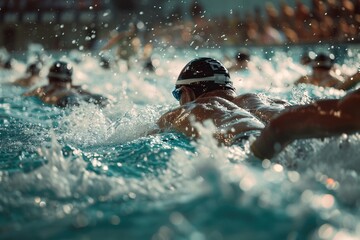 An exhilarating and graceful moment in a competitive swimming event, capturing the power, technique, and fluidity of the swimmers as they race through the water, with an excited audience.