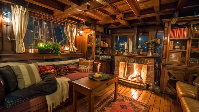A living room filled with furniture and a fireplace, creating a warm and inviting atmosphere, A cozy cabin on a sailing ship, with a crackling fireplace and comfortable seating